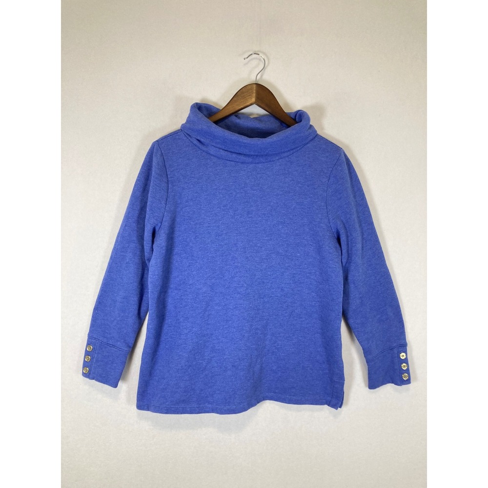 Preppy Talbots Womens PS Blue Funnel Neck Button Cuff Fleece Pullover Sweatshirt